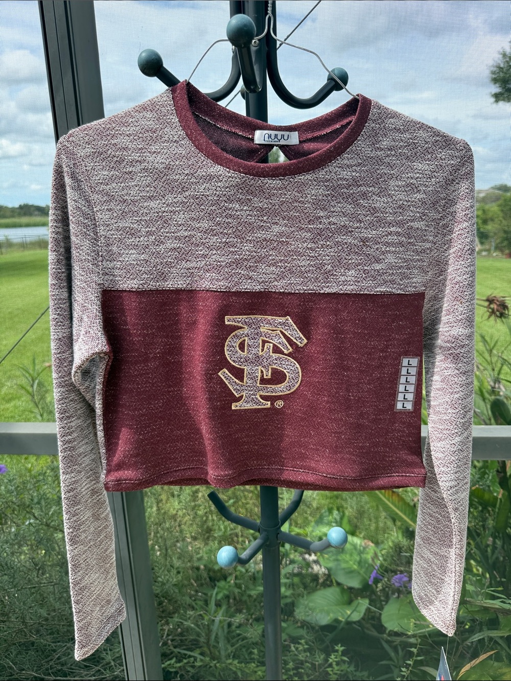 Nuyu Girls' Maroon & Heathered Cream Long-Sleeve Crop Top
